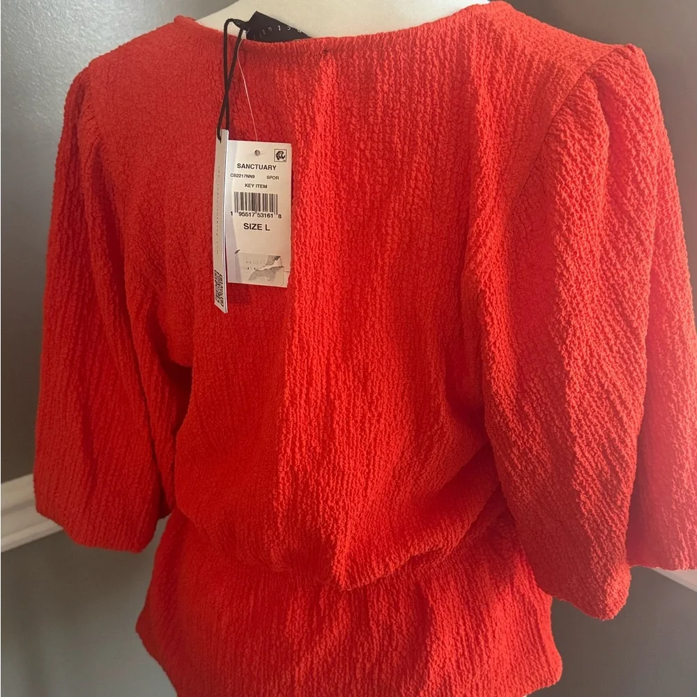 Sanctuary Textured‎ Button-Front Peplum Top Women's Spicy Orange Elbow Sleeve L